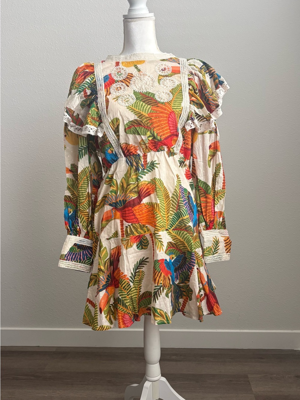 FARM Rio Cream Mini Dress with Tropical Parrot Print - Picture 2 of 7